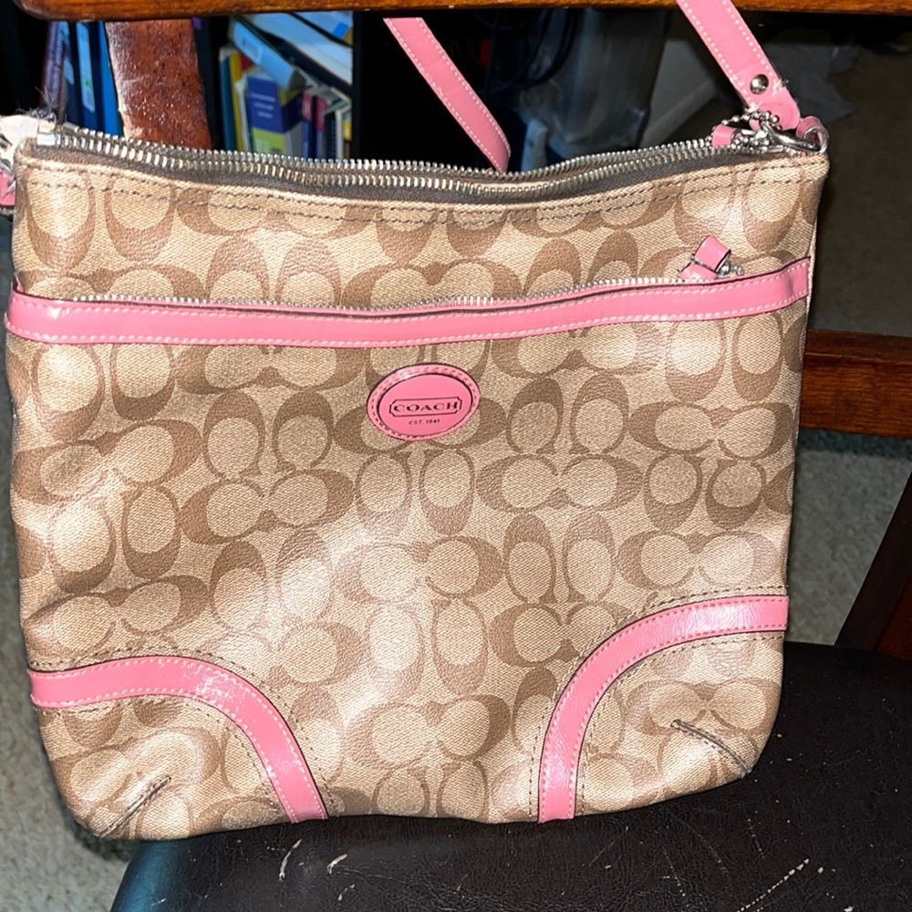 COACH tan and pink large satchel